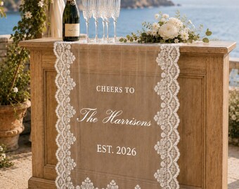 Op maat gemaakt kanten barbord voor bruiloft, gepersonaliseerde banner van transparante stof, decoratie voor de cocktailbar op de receptie