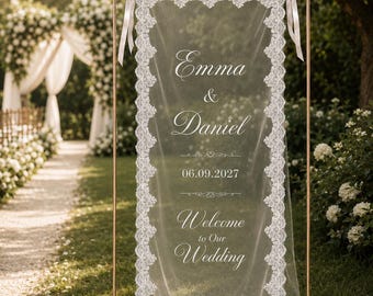 Romantisch welkomstbord van kant voor een bruiloft, banner van doorschijnende tule, gepersonaliseerd stoffen trouwbord, achtergrond voor een ceremonie in de tuin