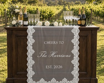 Custom Lace Wedding Bar Menu, Personalized Signature Cocktail Sign, Sheer Fabric Banner, Wedding Drink Station Reception Decor