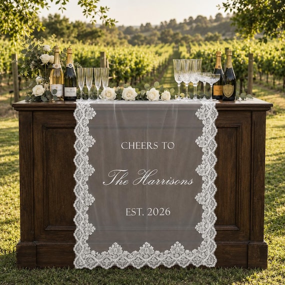 Custom Lace Wedding Bar Menu, Personalized Signature Cocktail Sign, Sheer Fabric Banner, Wedding Drink Station Reception Decor
