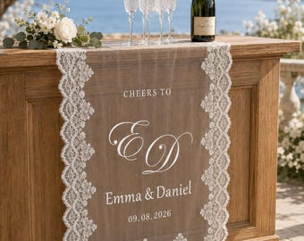 Custom Lace Sheer Wedding Bar Sign, Personalized Fabric Banner, Elegant Reception Drink Station Decor