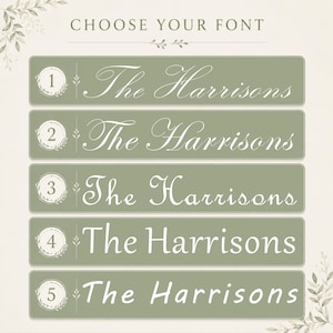 May include: A font selection chart featuring the text CHOOSE YOUR FONT at the top. Five sage green horizontal rectangular bars are displayed, each numbered one through five, showing the name The Harrisons in five distinct white font styles.