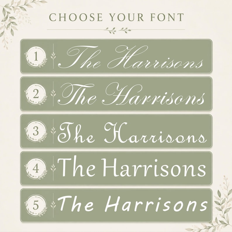 May include: A font selection chart featuring the text CHOOSE YOUR FONT at the top. Five sage green horizontal rectangular bars are displayed, each numbered one through five, showing the name The Harrisons in five distinct white font styles.