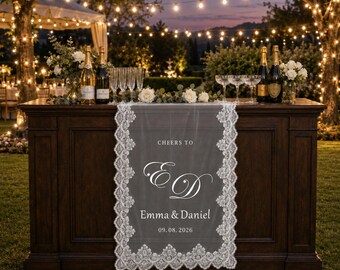 Op maat gemaakt, doorschijnend kanten barbord voor uw bruiloft, gepersonaliseerde stoffen banner met achternaam, decoratie voor de dranktafel op uw bruiloft, banner voor de receptiebar