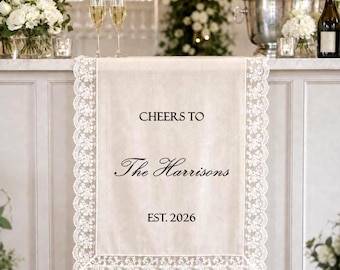 Custom Lace Wedding Bar Banner, Personalized Fabric Drink Station Sign, Reception Cocktail Decor