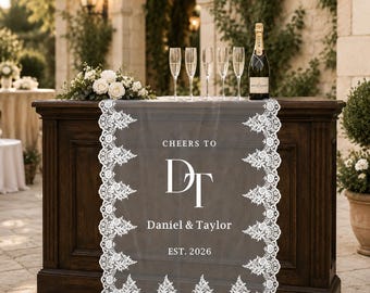 Gepersonaliseerde menukaart voor de bruiloftsbar van kant, cocktailbord op maat, doorschijnende stoffen banner, decoratie voor de receptie