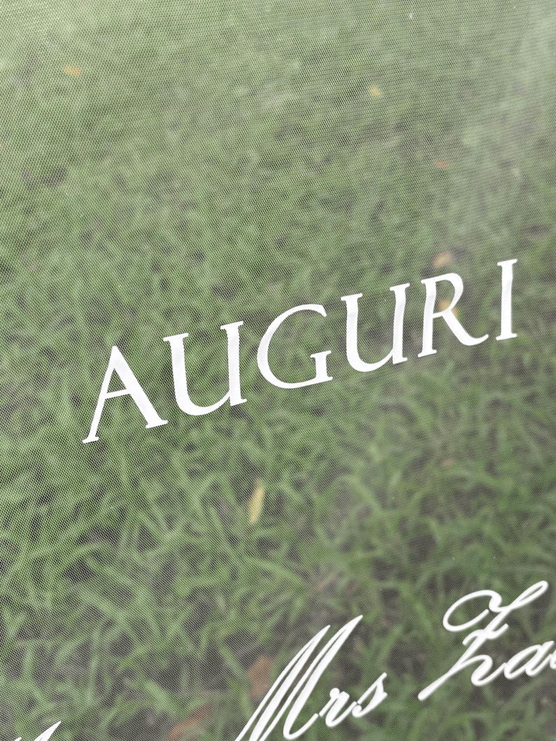May include: A transparent acrylic sign featuring the white text AUGURI in a clean, sans-serif font, positioned above a partial line of white cursive script text that begins with the words Mrs Fa.