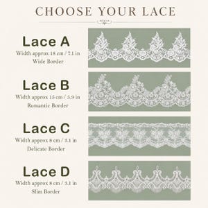 May include: A comparison chart titled CHOOSE YOUR LACE displaying four white lace trim options. Lace A is 18 cm (7.1 in) wide, Lace B is 15 cm (5.9 in) wide, Lace C is 8 cm (3.1 in) wide, and Lace D is 8 cm (3.1 in) wide, each with distinct patterns.