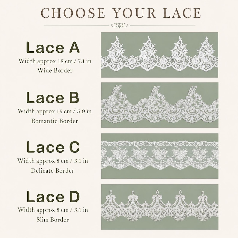 May include: A comparison chart titled CHOOSE YOUR LACE displaying four white lace trim options. Lace A is 18 cm (7.1 in) wide, Lace B is 15 cm (5.9 in) wide, Lace C is 8 cm (3.1 in) wide, and Lace D is 8 cm (3.1 in) wide, each with distinct patterns.
