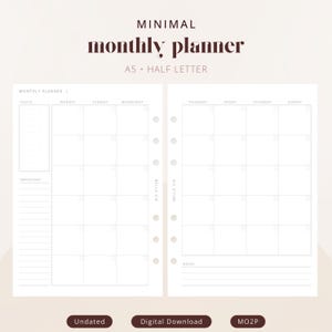 May include: A two-page monthly planner layout with punch holes for binding. The text reads MINIMAL monthly planner A5 HALF LETTER. The grid includes columns for Monday through Sunday, a focus section, an important section, and a notes section.