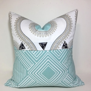 Aqua Colorblock with button pleat accent. Aqua home decor pillow cover. geometric print decorative accent pillow.