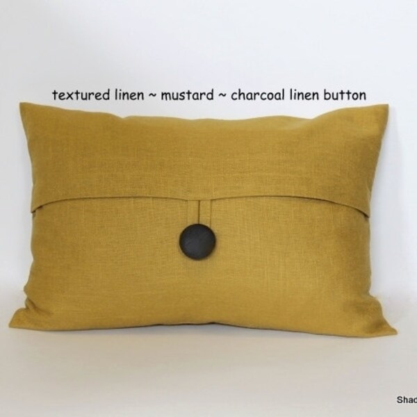 Textured linen ~ Mustard button lumbar pillow cover, 12x18 decorative sofa throw pillow, home decor accent