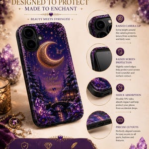 Peut inclure: Une coque de téléphone violette illustrée d'un croissant de lune, de papillons, d'un pont et d'une forêt avec le texte Velvet Moon. Elle présente un rebord d'appareil photo surélevé, une protection d'écran, des côtés en TPU et des découpes.