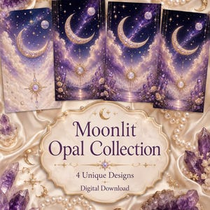 Moonlit Opal Wallpaper Bundle, 4 Celestial Phone Wallpapers, Purple Moon Backgrounds, Mystical iPhone Wallpaper, Instant Download
