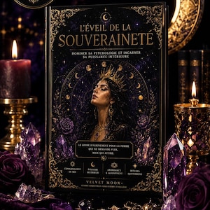 Peut inclure: Un journal à couverture rigide noire intitulé L'ÉVEIL DE LA SOUVERAINETÉ avec des détails dorés célestes et floraux. La couverture présente l'illustration d'une personne portant une couronne, entourée de roses violettes, cristaux et bougies.
