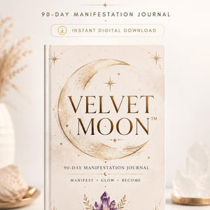 May include: A 90-day manifestation journal titled Velvet Moon with a cream-colored cover featuring a large gold crescent moon, star accents, and a purple crystal cluster illustration at the bottom. The text reads Velvet Moon, 90-Day Manifestation Journal, Manifest, Glow, Become.