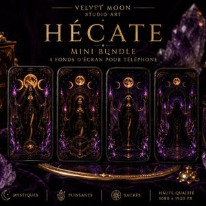 Peut inclure: Quatre écrans de smartphone affichant des illustrations numériques intitulées Hécate Mini Bundle. Chaque écran présente une figure centrale dans des tons violets et dorés, entourée de phases lunaires et de cristaux. Le texte indique Velvet Moon Studio Art Hécate Mini Bundle 4 fonds d'écran pour téléphone, Mystiques, Puissants, Sacrés, et Haute Qualité 1080 x 1920 px.