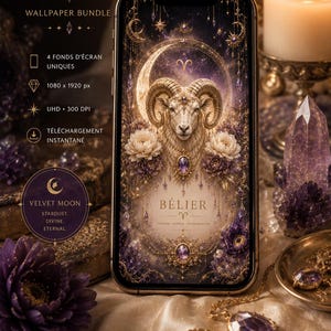 Op de afbeelding: Een smartphone met een digitale achtergrond met een ramshoofd, een halve maan en paarse bloemen. De tekst op het scherm bevat BÉLIER en het Ram-symbool. De afbeelding bevat de tekst: BÉLIER WALLPAPER BUNDLE, 4 FONDS D'ÉCRAN UNIQUES, 1080 x 1920 px, UHD 300 DPI, TÉLÉCHARGEMENT INSTANTANÉ, VELVET MOON STARDUST DIVINE ETERNAL, DESIGN MYSTIQUE ET ÉLÉGANT, QUALITÉ UHD EXCEPTIONNELLE, SUBLIMEZ VOTRE ÉCRAN AU QUOTIDIEN.