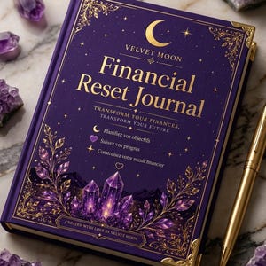Peut inclure: Un journal à couverture rigide violette intitulé Financial Reset Journal avec des lettres dorées et des coins décoratifs. La couverture présente un croissant de lune, des cristaux et le texte : Transform your finances, transform your future.