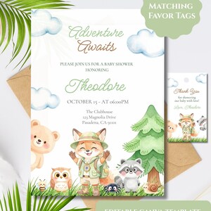 Könnte beinhalten: Eine Babyparty-Einladungsvorlage mit einem Aquarell-Fuchsforscher, Bären, Eulen, Waschbären und einer Schnecke im Wald. Der Text enthält Adventure Awaits, Theodore, 15. Oktober und Standortdetails. Enthält eine passende Vorlage für Geschenkanhänger.