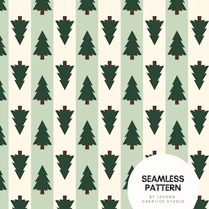 May include: A seamless pattern featuring dark green pine trees with brown trunks arranged in vertical rows against alternating light green and cream-colored stripes. A white circular overlay contains the text SEAMLESS PATTERN BY LEVORÁ CREATIVE STUDIO.