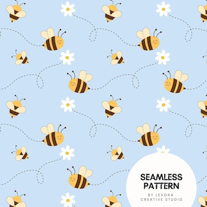May include: A seamless pattern featuring cartoon bees with yellow and black stripes and white daisies on a light blue background. The bees are depicted with smiling faces and dotted flight paths. A white circle contains the text SEAMLESS PATTERN BY LEVORÁ CREATIVE STUDIO.