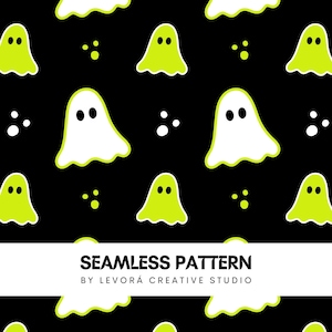 Cute Neon Ghost Seamless Pattern, Spooky Cute Digital Paper, Halloween Ghost Seamless File, Kawaii Floating Ghost Fabric Pattern