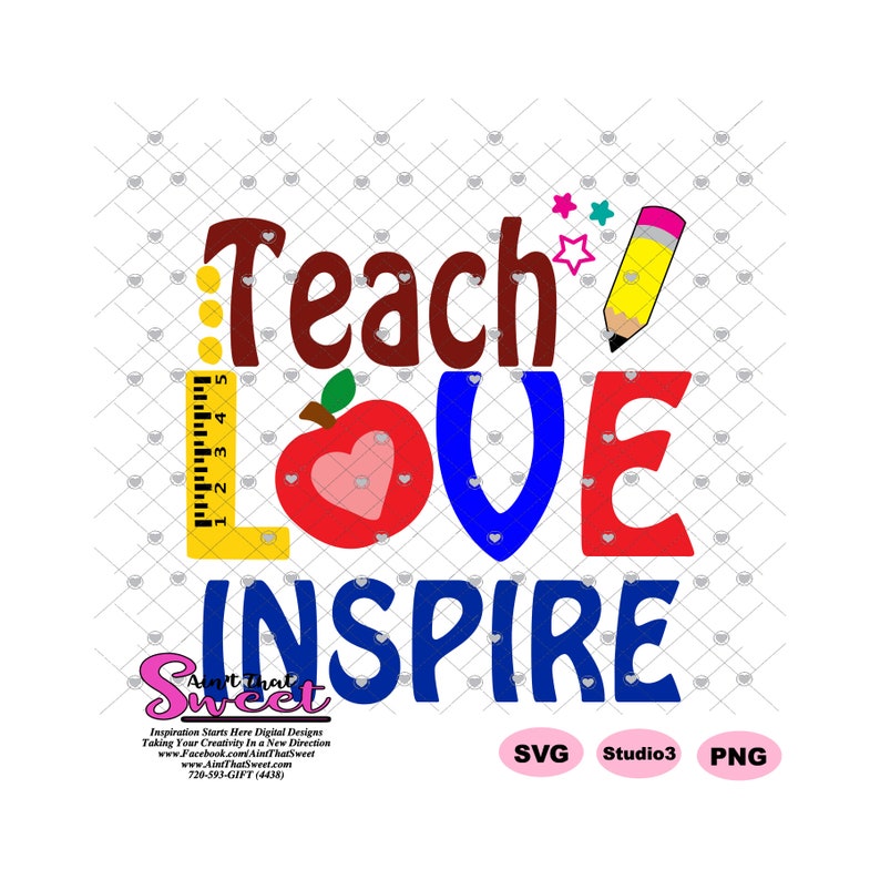Download Teach Love Inspire Pencil Apple Ruler Transparent PNG SVG | Etsy