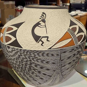 Large Signed Acoma Pueblo Pottery Olla by C.G. Louis (Kewi Tia Tsewa) | 12" Hand Painted Kokopelli Vessel | Native American Art | Dated 1991