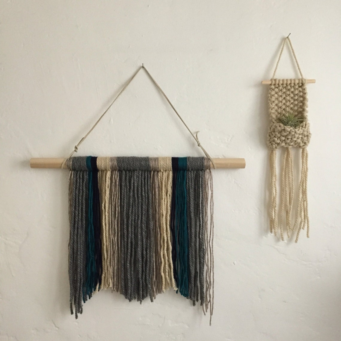 Neutral Yarn Wall Hanging Boho Home Decor Gray Navy Teal and Etsy