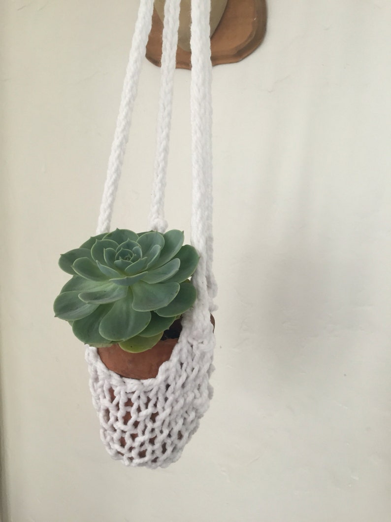 Handknit Hanging Planter in Crisp White Indoor Planter Etsy