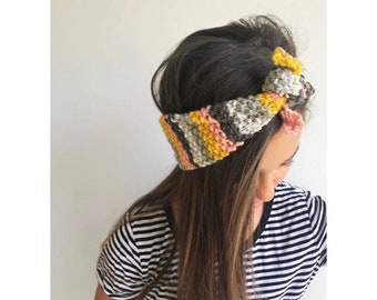 hand knit turban tie headband - multi colored grey, mustard, blush