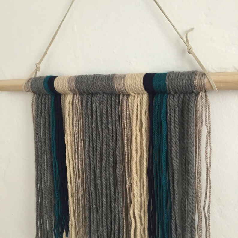 Neutral Yarn Wall Hanging Boho Home Decor Gray Navy Teal and Etsy