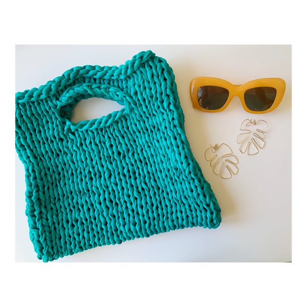 Cotton hand knit market bag in turquoise - bold turquoise market bag - Huxen and Co