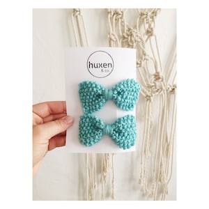 Set of two AQUA KNIT BOWS, Hand Knit Bows, Matching Bow Hair Clips
