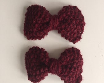 Burgundy KNIT BOWS, Hand Knit Bows, Matching Bow Hair Clips