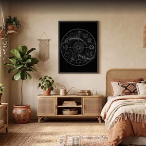 Zodiac Wheel Sacred Geometry Wall Art Print | Celestial Constellations Poster | Esoteric Home Decor | 5 Sizes Included