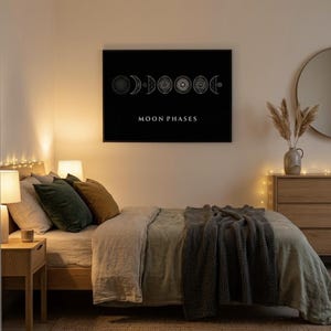 Peut inclure: Une impression murale rectangulaire noire présentant une série d'illustrations au trait blanc représentant diverses phases de la lune disposées horizontalement, avec le texte MOON PHASES imprimé en lettres capitales blanches sous le cycle lunaire.