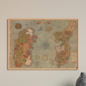 May include: A rectangular framed map of Azeroth featuring two large continents separated by a central ocean with a whirlpool. The map displays detailed terrain, labeled regions like Kalimdor and Eastern Kingdoms, a compass rose, and a legend.