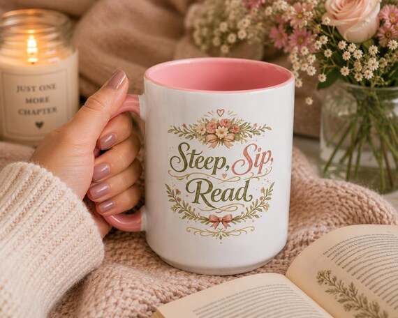Steep Sip Read Mug 15oz, Tea Lover Gift for Book Lovers, Bookworm Tea Mug, Cozy Reader Mug, Bibliophile Gift, Reading Mug, Tea Cup
