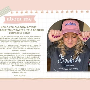 May include: A pink baseball cap with the word bookish embroidered in blue on the front, paired with a dark gray sweatshirt featuring the word Bookish in white script text followed by the definition of the word as an adjective.