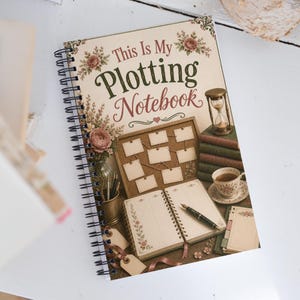 May include: A spiral-bound notebook with a cream cover featuring the text This Is My Plotting Notebook. The cover art displays a cork board with pinned notes, a stack of books, an hourglass, a teacup, and an open journal with a fountain pen.
