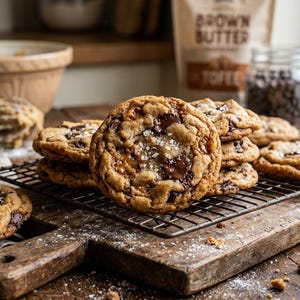 Puede incluir: Una pila de galletas con chispas de chocolate doradas, cubiertas con cristales de sal marina gruesa, dispuestas sobre una rejilla de enfriamiento negra. Las galletas tienen trozos visibles de chocolate oscuro sobre una tabla de madera rústica.