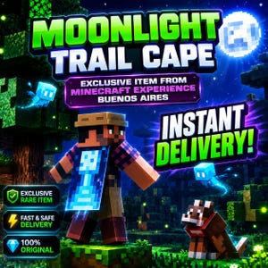 Puede incluir: Un gráfico digital que presenta la Moonlight Trail Cape para un personaje de Minecraft. La imagen muestra un personaje de bloques con una capa azul con un diseño de reloj de arena blanco, rodeado de árboles pixelados, un perro y espíritus azules.