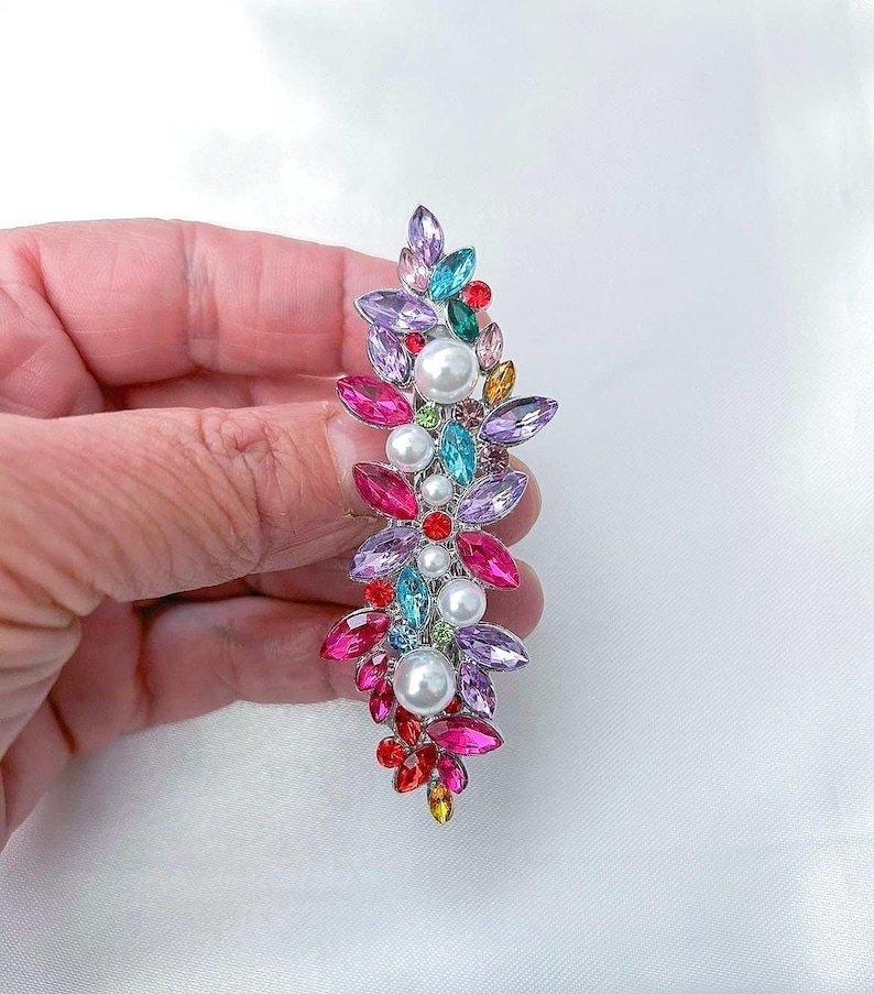 Multicoloured Rhinestone Leaf Barrette, Bridal Shiny Silver Pearl Hair Multicoloured Rhinestone Leaf Barrette, Bridal Shiny Silver Pearl Hair