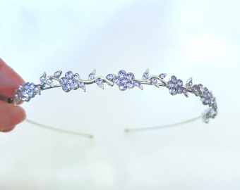 Purple Lilac Diamanté Flower Headband, Bridal Purple And Silver Hair Accessory