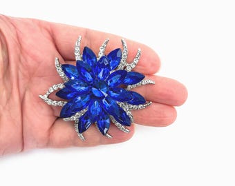 Royal Blue  And Silver Flower Rhinestone Brooch Pin