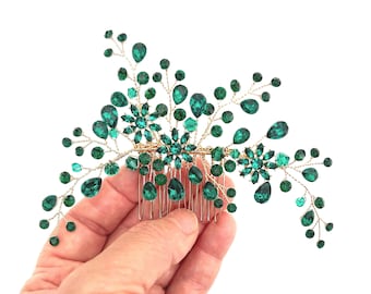 Wedding Dark Green Crystal Hair Comb, Emerald Gold Bridal Accessory (14 cmx 5 cm)
