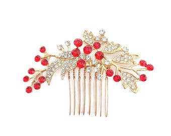 Peigne à cheveux en feuille de cristal doré rouge vif, accessoire de mariée doré