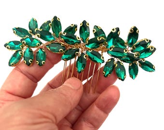 Dark Green Emerald Gold Wedding Hair Comb, Bridal Crystal Accessory